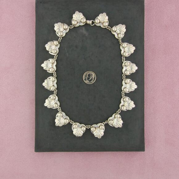 sterling silver vintage mexico beaded shell link collar necklace size 15.5in - Picture 2 of 3